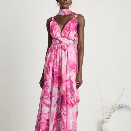 Sydney Pink Floral Maxi Dress V-neckline Sleeveless 53% Terylene 47% Cotton Rear Zip Fastening Luxury Wardrobe Special Occasions
