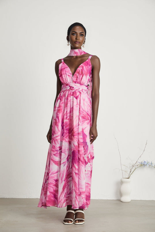 Sydney Pink Floral Maxi Dress V-neckline Sleeveless 53% Terylene 47% Cotton Rear Zip Fastening Luxury Wardrobe Special Occasions