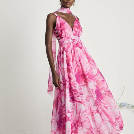 Sydney Pink Floral Maxi Dress V-neckline Sleeveless 53% Terylene 47% Cotton Rear Zip Fastening Special Occasions Sophistication Style Luxury Wardrobe