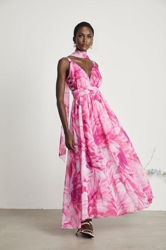 Sydney Pink Floral Maxi Dress V-neckline Sleeveless 53% Terylene 47% Cotton Rear Zip Fastening Special Occasions Sophistication Style Luxury Wardrobe