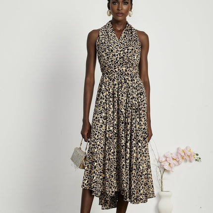 Sydney Yellow Black Leopard Print Midi Dress V-neckline Sleeveless A-line Flounce Hem Rear Zip Fastening Terylene