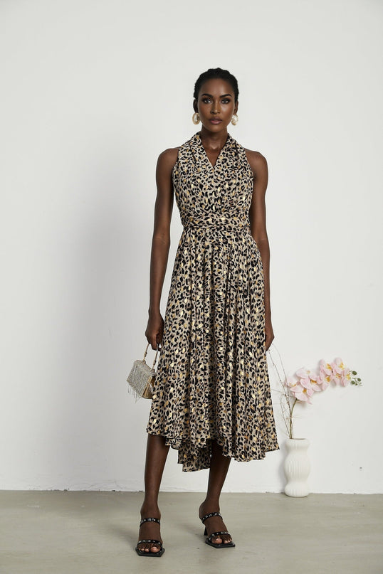 Sydney Yellow Black Leopard Print Midi Dress V-neckline Sleeveless A-line Flounce Hem Rear Zip Fastening Terylene