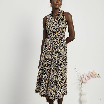Sydney Yellow Black Leopard Print Midi Dress V-Neck Sleeveless A-Line Flounce Hem Cinched Waist Rear Zip 100% Terylene