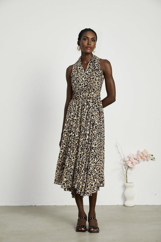 Sydney Yellow Black Leopard Print Midi Dress V-Neck Sleeveless A-Line Flounce Hem Cinched Waist Rear Zip 100% Terylene