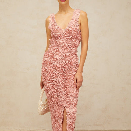 Sydney Maxi Dress in Charming Pink Terylene with Faux-Flower Detailing and Front Slit