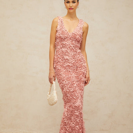 Sydney Maxi Dress in Charming Pink Terylene V-neck Faux Flower Detailing Front Slit Side Zip Maxi Length