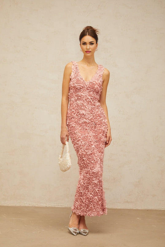 Sydney Maxi Dress in Charming Pink Terylene V-neck Faux Flower Detailing Front Slit Side Zip Maxi Length