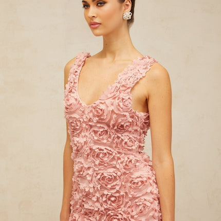 Sydney Maxi Dress in Charming Pink Terylene V-neck Faux-Flower Detailing Front Slit Side Zip Maxi Length