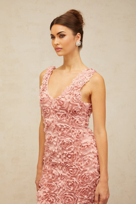 Sydney Maxi Dress in Charming Pink Terylene V-neck Faux-Flower Detailing Front Slit Side Zip Maxi Length