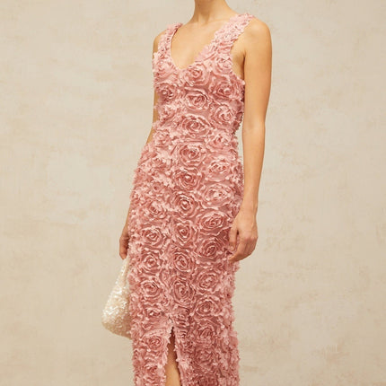 Sydney Pink Maxi Dress Charming Terylene V-neck Faux-Flower Detailing Front Slit Side Zip