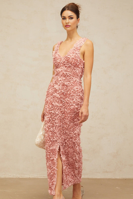 Sydney Pink Maxi Dress Charming Terylene V-neck Faux-Flower Detailing Front Slit Side Zip