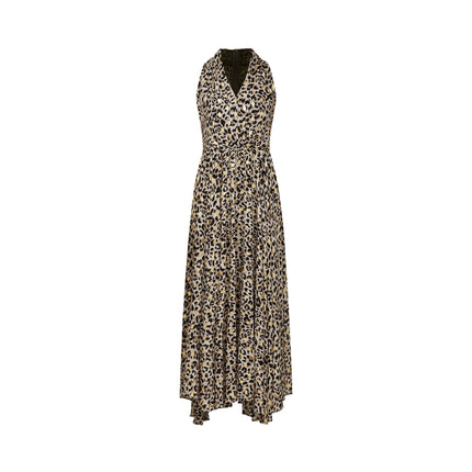 Sydney Midi Dress in Leopard Print Yellow Black V-neckline Sleeveless A-line Flounce Hem Rear Zip Fastening Terylene