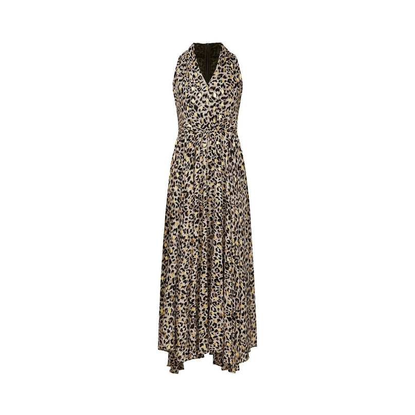 Sydney Midi Dress in Leopard Print Yellow Black V-neckline Sleeveless A-line Flounce Hem Rear Zip Fastening Terylene