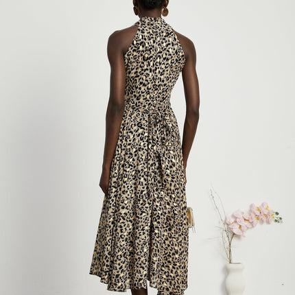 Sydney Yellow Black Leopard Print Midi Dress V-Neckline Sleeveless A-Line Flounce Hem Rear Zip Fastening 100% Terylene