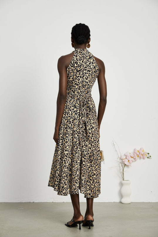 Sydney Yellow Black Leopard Print Midi Dress V-Neckline Sleeveless A-Line Flounce Hem Rear Zip Fastening 100% Terylene