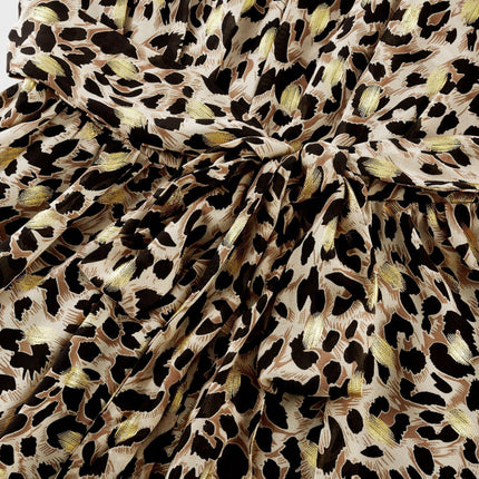 Sydney Yellow and Black Leopard Print Midi Dress with V-neckline and A-line silhouette