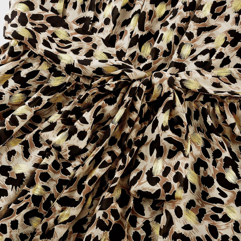 Sydney Yellow and Black Leopard Print Midi Dress with V-neckline and A-line silhouette