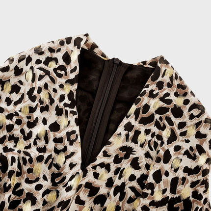 Sydney Yellow Black Leopard Print Midi Dress V-neckline Sleeveless A-line Flounce Hem Rear Zip Fastening Terylene