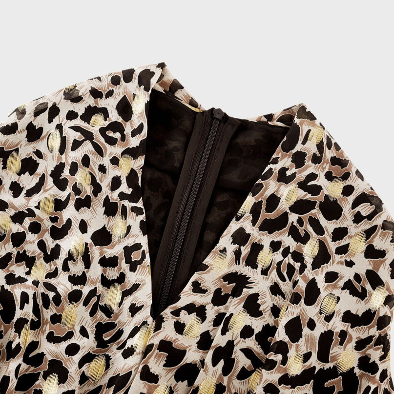 Sydney Yellow Black Leopard Print Midi Dress V-neckline Sleeveless A-line Flounce Hem Rear Zip Fastening Terylene