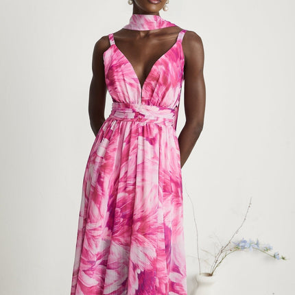 Sydney Pink Floral Maxi Dress V-neckline Sleeveless Flared Skirt Luxury Wardrobe Special Occasions