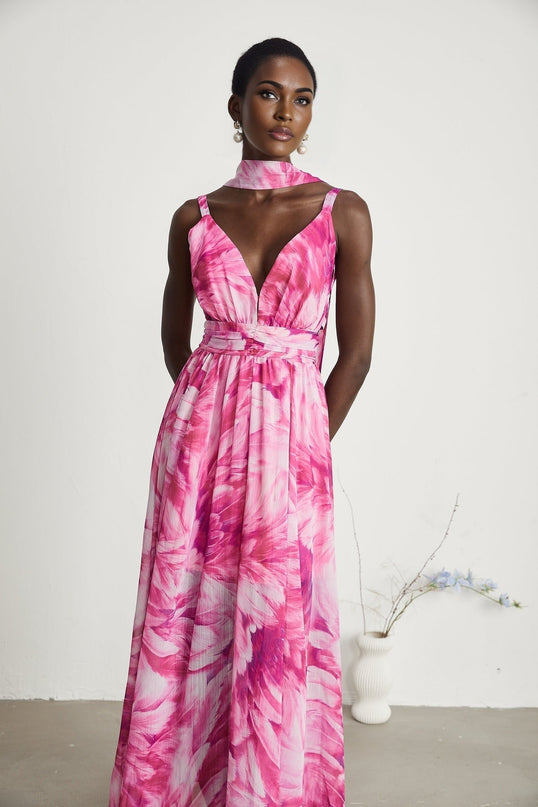 Sydney Pink Floral Maxi Dress V-neckline Sleeveless Flared Skirt Luxury Wardrobe Special Occasions