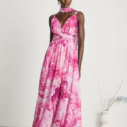 Sydney Pink Floral Maxi Dress V-neckline Sleeveless 53% Terylene 47% Cotton Flared Skirt Rear Zip Fastening Special Occasions Sophistication Style Luxury Wardrobe