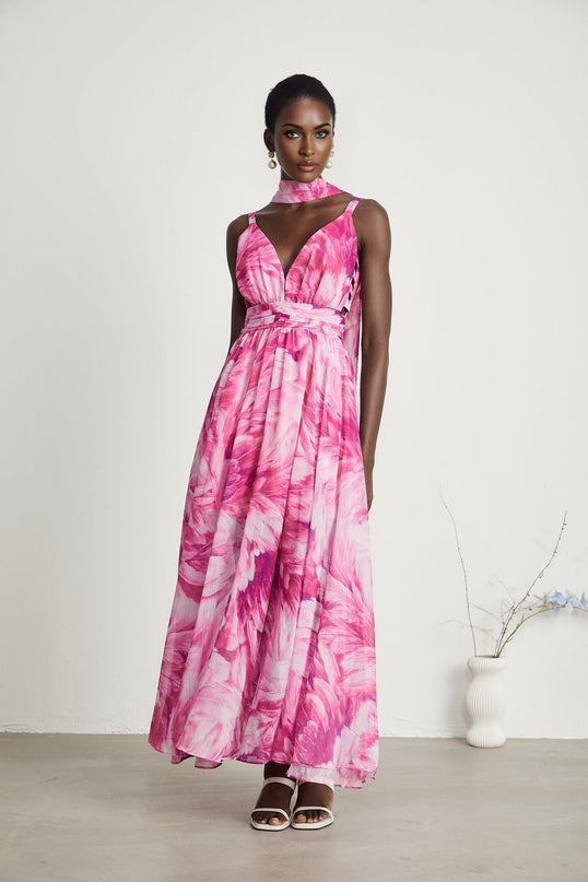 Sydney Pink Floral Maxi Dress V-neckline Sleeveless 53% Terylene 47% Cotton Flared Skirt Rear Zip Fastening Special Occasions Sophistication Style Luxury Wardrobe