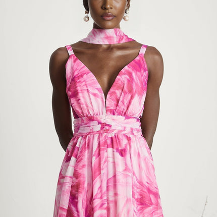 Sydney Pink Floral Maxi Dress V-neckline Sleeveless Flared Skirt Rear Zip Fastening Luxury Wardrobe
