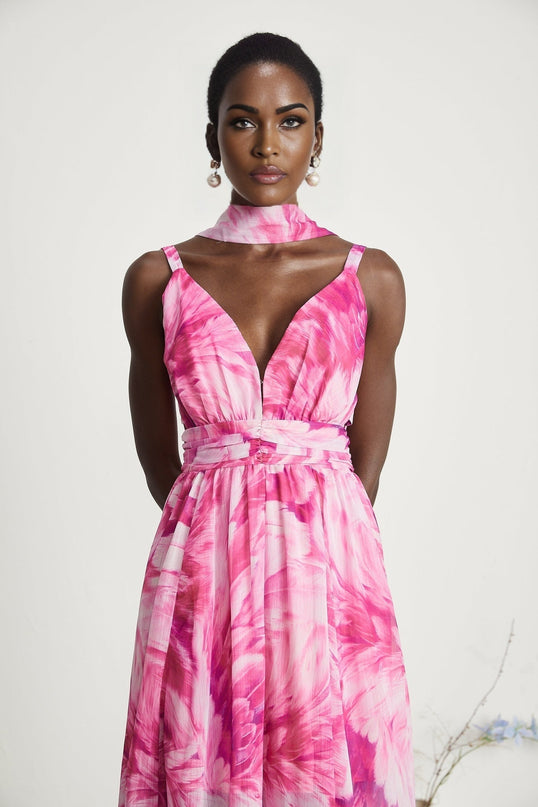 Sydney Pink Floral Maxi Dress V-neckline Sleeveless Flared Skirt Rear Zip Fastening Luxury Wardrobe