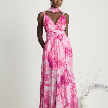 Sydney Pink Floral Maxi Dress V-neck Sleeveless Terylene Cotton Blend Flared Skirt Rear Zip Fastening Special Occasions Sophistication Style Luxury Wardrobe