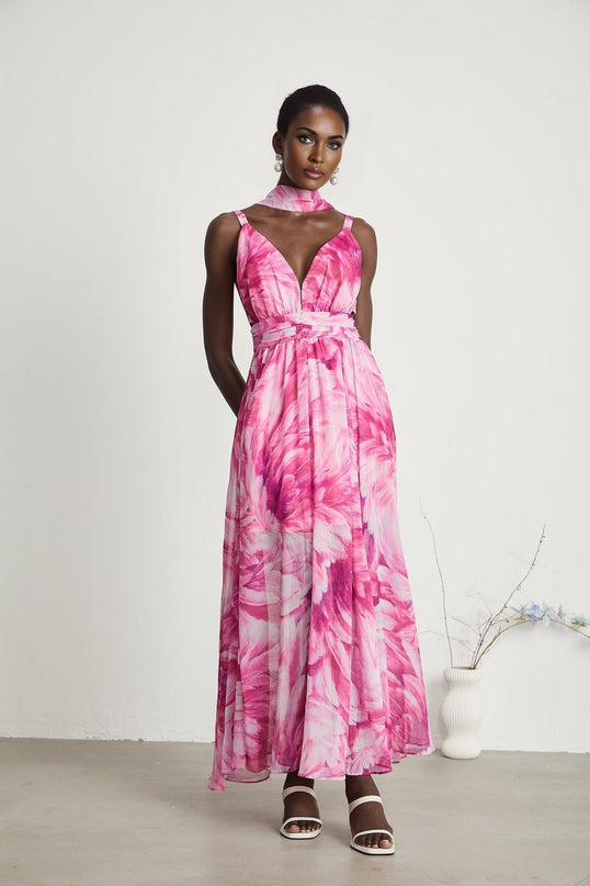 Sydney Pink Floral Maxi Dress V-neck Sleeveless Terylene Cotton Blend Flared Skirt Rear Zip Fastening Special Occasions Sophistication Style Luxury Wardrobe