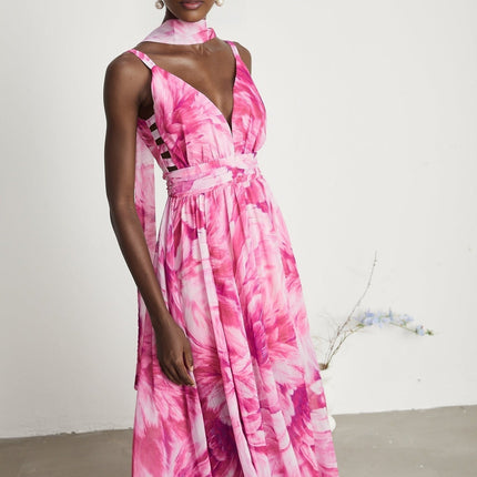 Sydney Pink Floral Maxi Dress V-neckline Sleeveless 53% Terylene 47% Cotton rear zip fastening special occasions luxury wardrobe