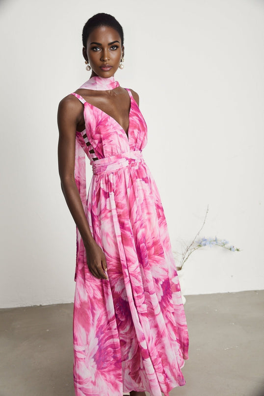Sydney Pink Floral Maxi Dress V-neckline Sleeveless 53% Terylene 47% Cotton rear zip fastening special occasions luxury wardrobe