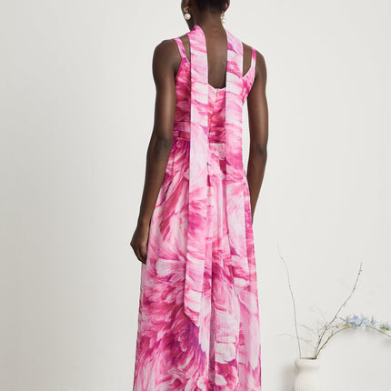 Sydney Pink Floral Maxi Dress V-neckline Sleeveless Flared Skirt Rear Zip Fastening Luxury Wardrobe