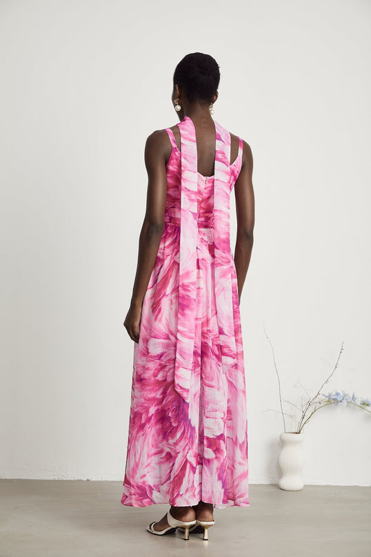 Sydney Pink Floral Maxi Dress V-neckline Sleeveless Flared Skirt Rear Zip Fastening Luxury Wardrobe