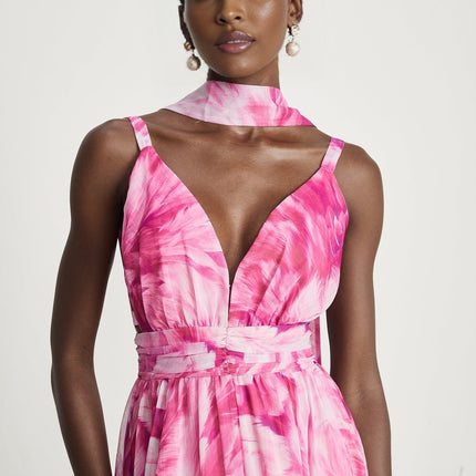 Sydney Pink Floral Maxi Dress V-neckline Sleeveless 53% Terylene 47% Cotton Flared Skirt Rear Zip Fastening Special Occasions Sophistication Style Luxury Wardrobe