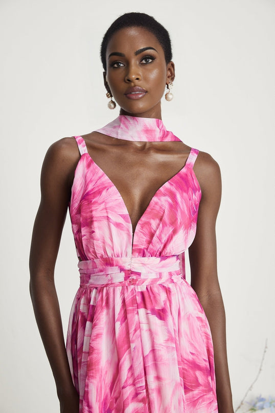 Sydney Pink Floral Maxi Dress V-neckline Sleeveless 53% Terylene 47% Cotton Flared Skirt Rear Zip Fastening Special Occasions Sophistication Style Luxury Wardrobe