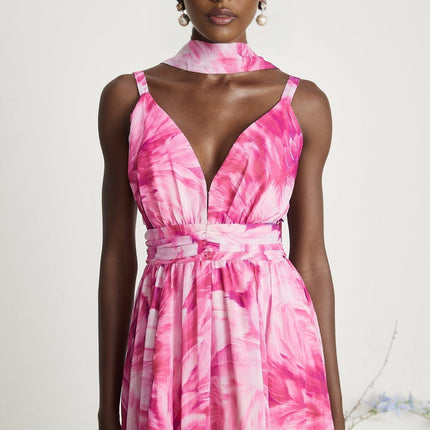Sydney Pink Floral Maxi Dress V-neckline Sleeveless 53% Terylene 47% Cotton flared skirt rear zip fastening special occasions sophistication style luxury wardrobe