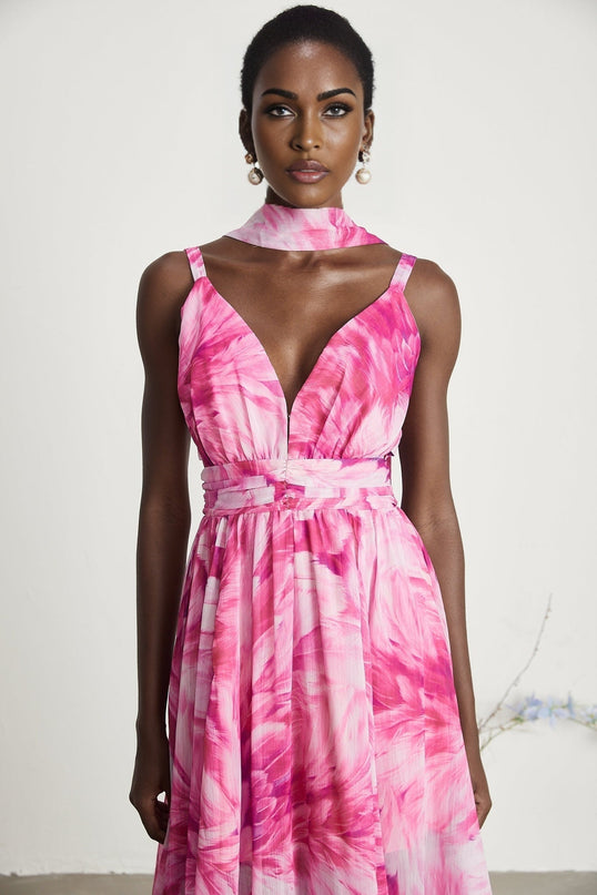 Sydney Pink Floral Maxi Dress V-neckline Sleeveless 53% Terylene 47% Cotton flared skirt rear zip fastening special occasions sophistication style luxury wardrobe