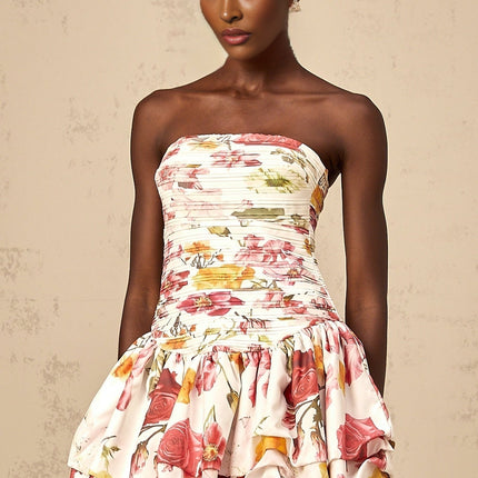 Sydney Pink Floral Mini Dress Smocked Shirred Off-Shoulder Bubble Skirt Rear Zip Fastening Terylene Fiber