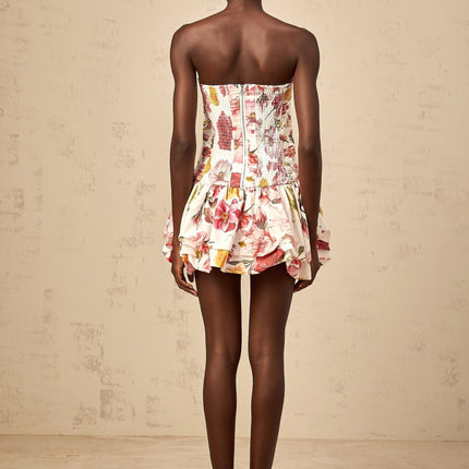 Sydney Pink Floral Off-the-Shoulder Mini Dress with Smocked Detailing and Bubble Skirt in Terylene Fiber