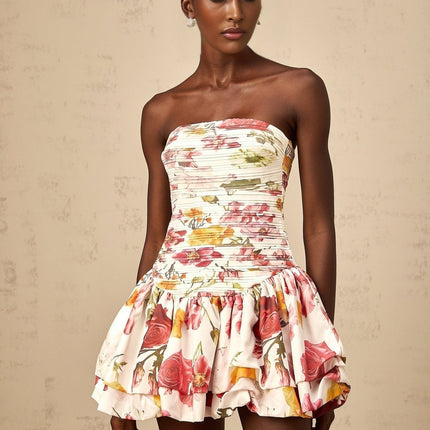 Sydney Pink Floral Off-the-Shoulder Mini Dress Smocked Shirred Bubble Skirt Rear Zip Fastening Terylene Fiber