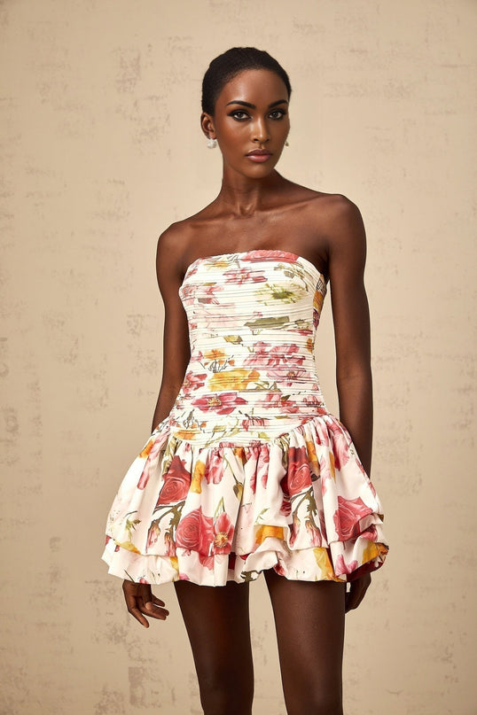 Sydney Pink Floral Off-the-Shoulder Mini Dress Smocked Shirred Bubble Skirt Rear Zip Fastening Terylene Fiber