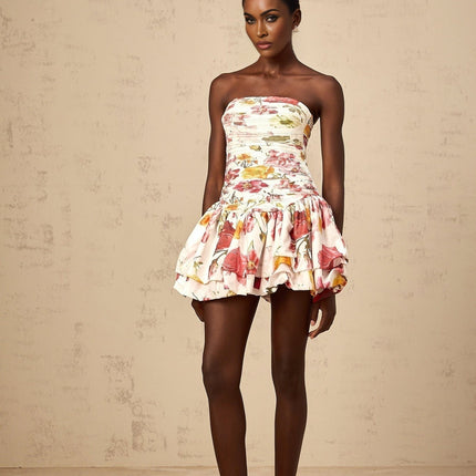 Sydney Pink Floral Print Off-the-Shoulder Mini Dress Smocked Shirred Bubble Skirt Rear Zip Fastening Terylene Fiber