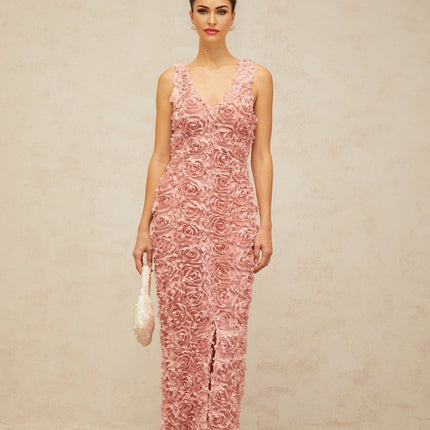Sydney Pink Maxi Dress in Charming Terylene with Faux-Flower Detailing and Front Slit