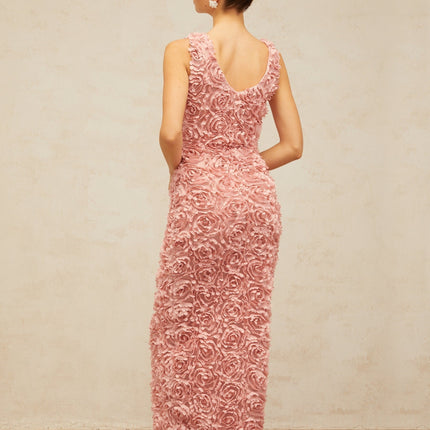 Sydney Pink Maxi Dress in Charming Terylene with Faux-Flower Detailing and Front Slit