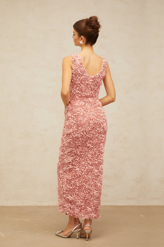 Sydney Pink Maxi Dress in Charming Terylene with Faux-Flower Detailing and Front Slit