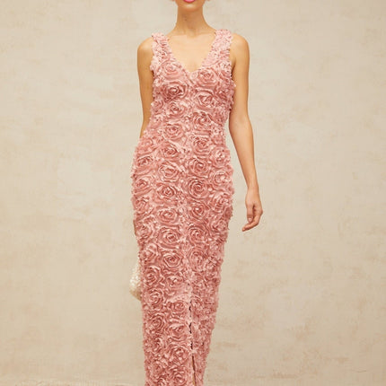 Sydney Pink Maxi Dress Charming Terylene V-neck faux-flower slit side zip front slit elegance sophistication glamour femininity charm allure special occasions