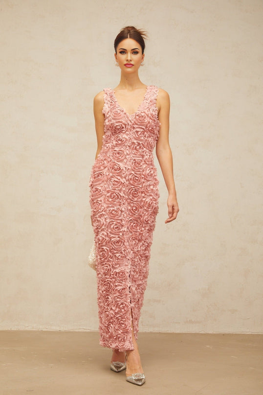 Sydney Pink Maxi Dress Charming Terylene V-neck faux-flower slit side zip front slit elegance sophistication glamour femininity charm allure special occasions