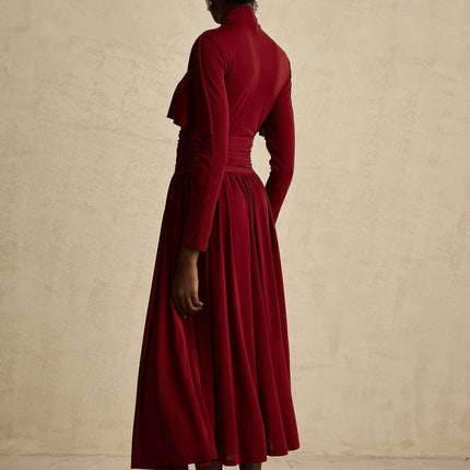 Sydney Red Midi Dress with Flap Design and Ruched Detailing